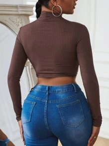 SHEIN Essnce Áo thun Tương phản Mesh Gân đan màu trơn Giải trí - Cà phê nâu - Xem 2