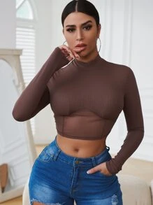 SHEIN Essnce Áo thun Tương phản Mesh Gân đan màu trơn Giải trí - Cà phê nâu - Xem 3