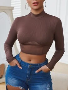 SHEIN Essnce Áo thun Tương phản Mesh Gân đan màu trơn Giải trí - Cà phê nâu - Xem 4