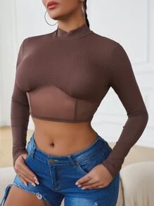 SHEIN Essnce Áo thun Tương phản Mesh Gân đan màu trơn Giải trí - Cà phê nâu - Xem 5