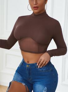 SHEIN Essnce Áo thun Tương phản Mesh Gân đan màu trơn Giải trí - Cà phê nâu - Xem 6
