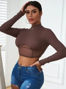 SHEIN Essnce Áo thun Tương phản Mesh Gân đan màu trơn Giải trí - Cà phê nâu - Xem 7