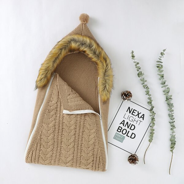 

Baby Cable Knit Oblique Zipper Contrast Faux Fur Hooded Sleep Bag, Camel