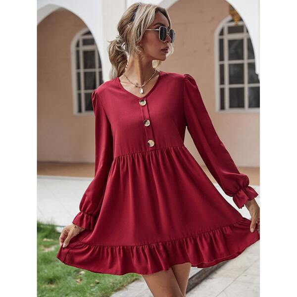 

Solid Button Front Smock Dress, Burgundy