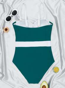 Color Block Push Up One Piece Swimsuit, For Summer Beach Vacation - Teal Blue - View 2