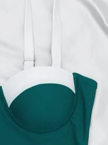 Color Block Push Up One Piece Swimsuit, For Summer Beach Vacation - Teal Blue - View 3