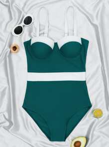 Color Block Push Up One Piece Swimsuit, For Summer Beach Vacation - Teal Blue - View 5