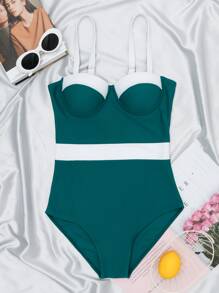 Color Block Push Up One Piece Swimsuit, For Summer Beach Vacation - Teal Blue - View 6