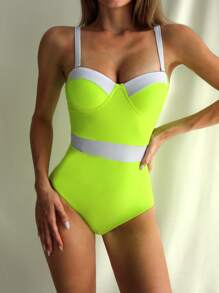 Color Block Push Up One Piece Swimsuit, For Summer Beach Vacation - Lime Green - View 1