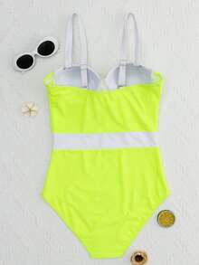 Color Block Push Up One Piece Swimsuit, For Summer Beach Vacation - Lime Green - View 2
