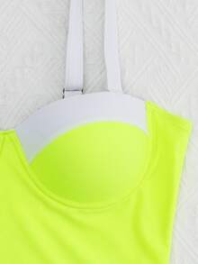 Color Block Push Up One Piece Swimsuit, For Summer Beach Vacation - Lime Green - View 3