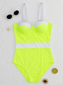Color Block Push Up One Piece Swimsuit, For Summer Beach Vacation - Lime Green - View 5