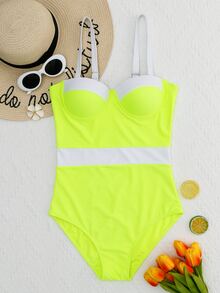 Color Block Push Up One Piece Swimsuit, For Summer Beach Vacation - Lime Green - View 6