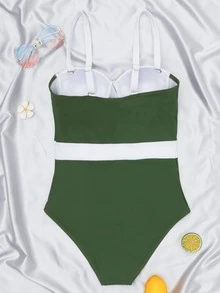Color Block Push Up One Piece Swimsuit, For Summer Beach Vacation - Dark Green - View 2