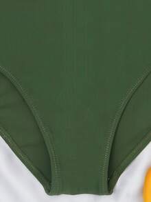 Color Block Push Up One Piece Swimsuit, For Summer Beach Vacation - Dark Green - View 3