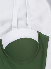 Color Block Push Up One Piece Swimsuit, For Summer Beach Vacation - Dark Green - View 4