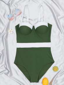 Color Block Push Up One Piece Swimsuit, For Summer Beach Vacation - Dark Green - View 5