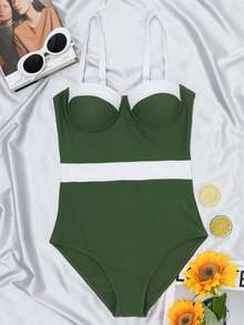 Color Block Push Up One Piece Swimsuit, For Summer Beach Vacation - Dark Green - View 6