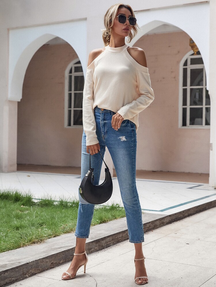 Camiseta de hombros descubiertos tejido waffle de espalda con tira cruzada - Albaricoque - Añade 4