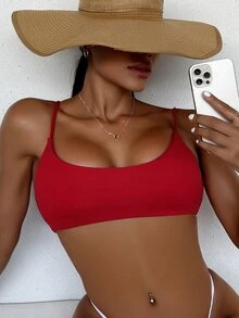 Women Bikini Tops Plain Casual - Merah - View 3