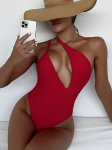 SHEIN Swim 2025 Women Plain Color Backless Sexy One-Piece Swimsuit Summer - Red - View 1