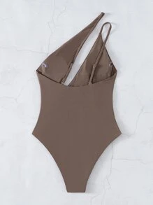 Cut Out One Shoulder One-Piece Swimsuit, For Summer Beach Vacation - Mocha Brown - View 2