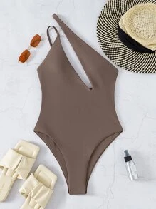 Cut Out One Shoulder One-Piece Swimsuit, For Summer Beach Vacation - Mocha Brown - View 3
