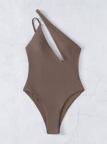 Cut Out One Shoulder One-Piece Swimsuit, For Summer Beach Vacation - Mocha Brown - View 4