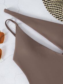 Cut Out One Shoulder One-Piece Swimsuit, For Summer Beach Vacation - Mocha Brown - View 5
