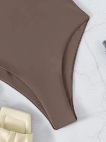 Cut Out One Shoulder One-Piece Swimsuit, For Summer Beach Vacation - Mocha Brown - View 6