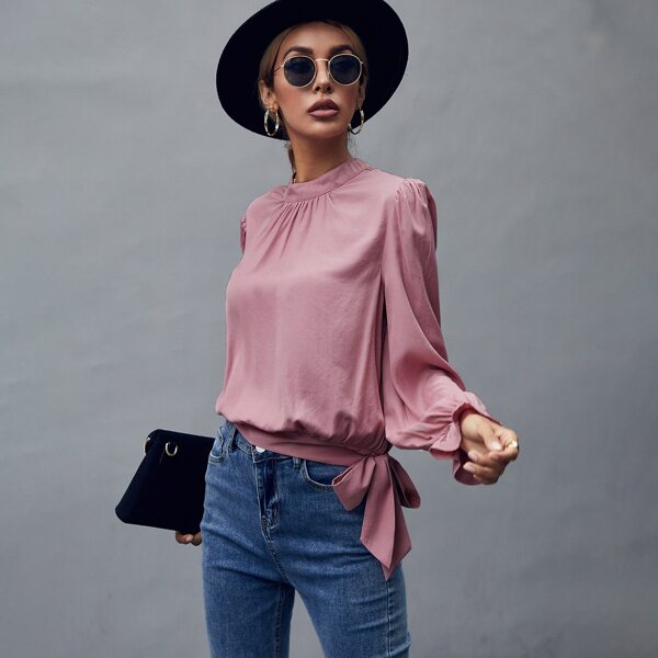 

Mock Neck Knot Side Blouse, Dusty pink