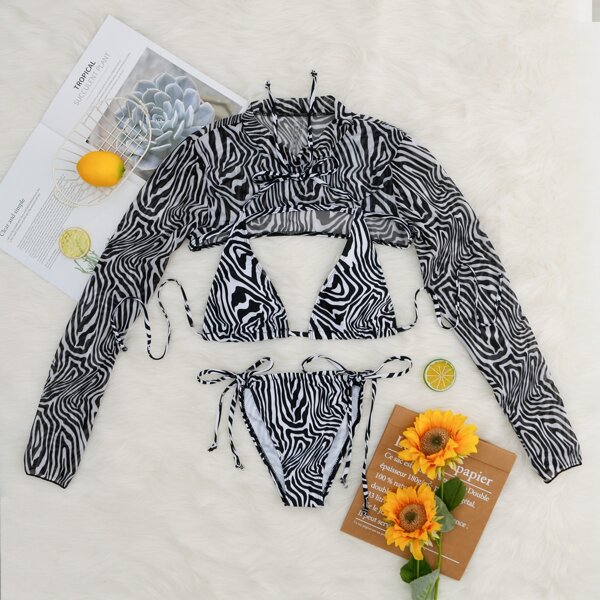 

3pack Allover Print Triangle Thong Bikini Swimsuit & Cover Up, Black and white