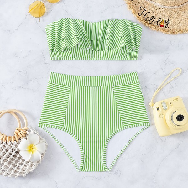 

Striped Ruffle Bandeau Bikini Swimsuit, Olive green