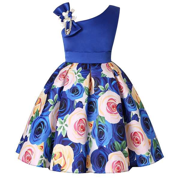 

Girls Floral Appliques Bow Gown Dress, Blue