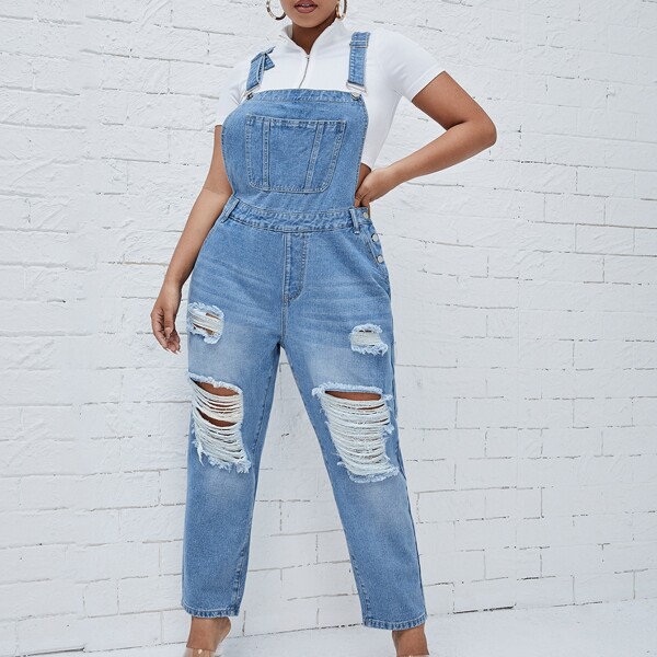 

Plus Ripped Pocket Front Denim Overalls, Medium wash