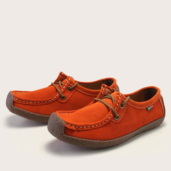 

Minimalist Leather Lace-up Flats, Coral orange