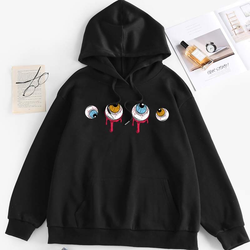 

Eye Print Drawstring Kangaroo Pocket Drop Shoulder Hoodie, Black