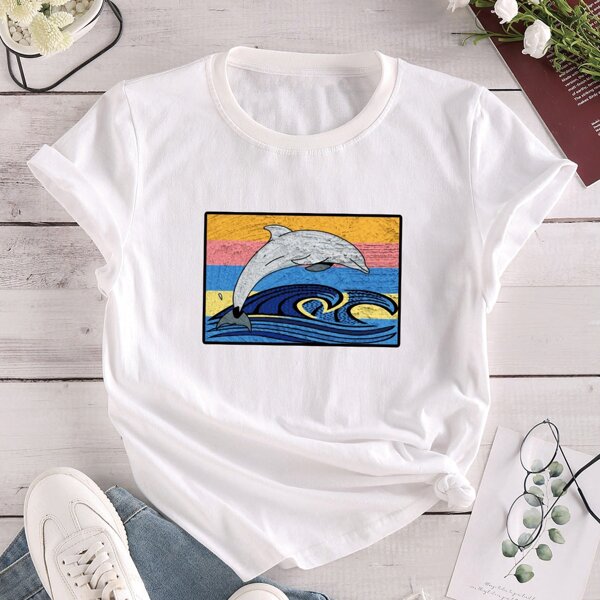 

Dolphin Print Crew Neck Tee, White