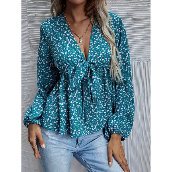 

Ditsy Floral Print Knot Front Peplum Blouse, Teal blue