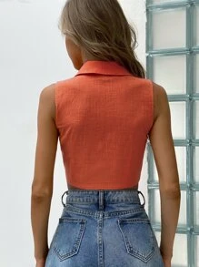 SHEIN Essnce Áo nữ Thắt nút màu trơn Gợi cảm - Màu Cam cháy - Xem 2