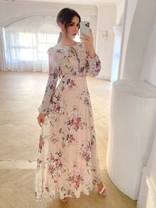 Floral Print Tie Neck Ruffle Trim Cold Shoulder Chiffon Dress - Multicolor - View 1