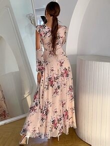 Floral Print Tie Neck Ruffle Trim Cold Shoulder Chiffon Dress - Multicolor - View 2