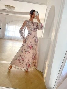 Floral Print Tie Neck Ruffle Trim Cold Shoulder Chiffon Dress - Multicolor - View 3