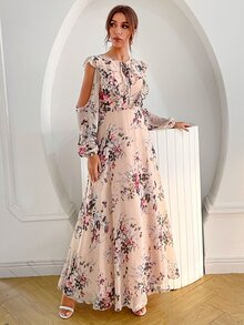 Floral Print Tie Neck Ruffle Trim Cold Shoulder Chiffon Dress - Multicolor - View 5