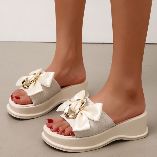 

Metal & Bow Decor Wedge Sandals, Beige
