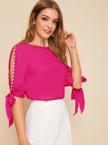 SHEIN Privé Faux Pearl Self-Tie Split Sleeve Top - Hot Pink - View 2