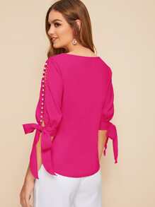 SHEIN Privé Faux Pearl Self-Tie Split Sleeve Top - Hot Pink - View 3