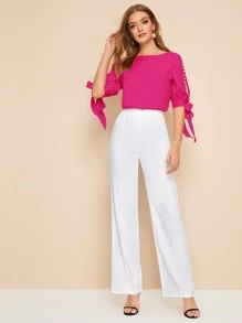 SHEIN Privé Faux Pearl Self-Tie Split Sleeve Top - Hot Pink - View 4