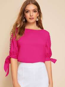 SHEIN Privé Faux Pearl Self-Tie Split Sleeve Top - Hot Pink - View 5