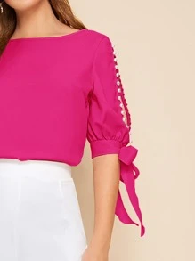 SHEIN Privé Faux Pearl Self-Tie Split Sleeve Top - Hot Pink - View 6